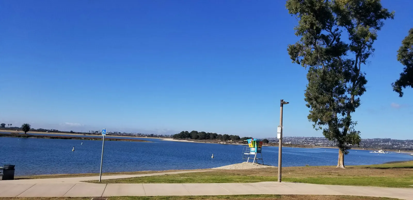 Grassy shoreline path beside Mission Bay under a clear blue sky