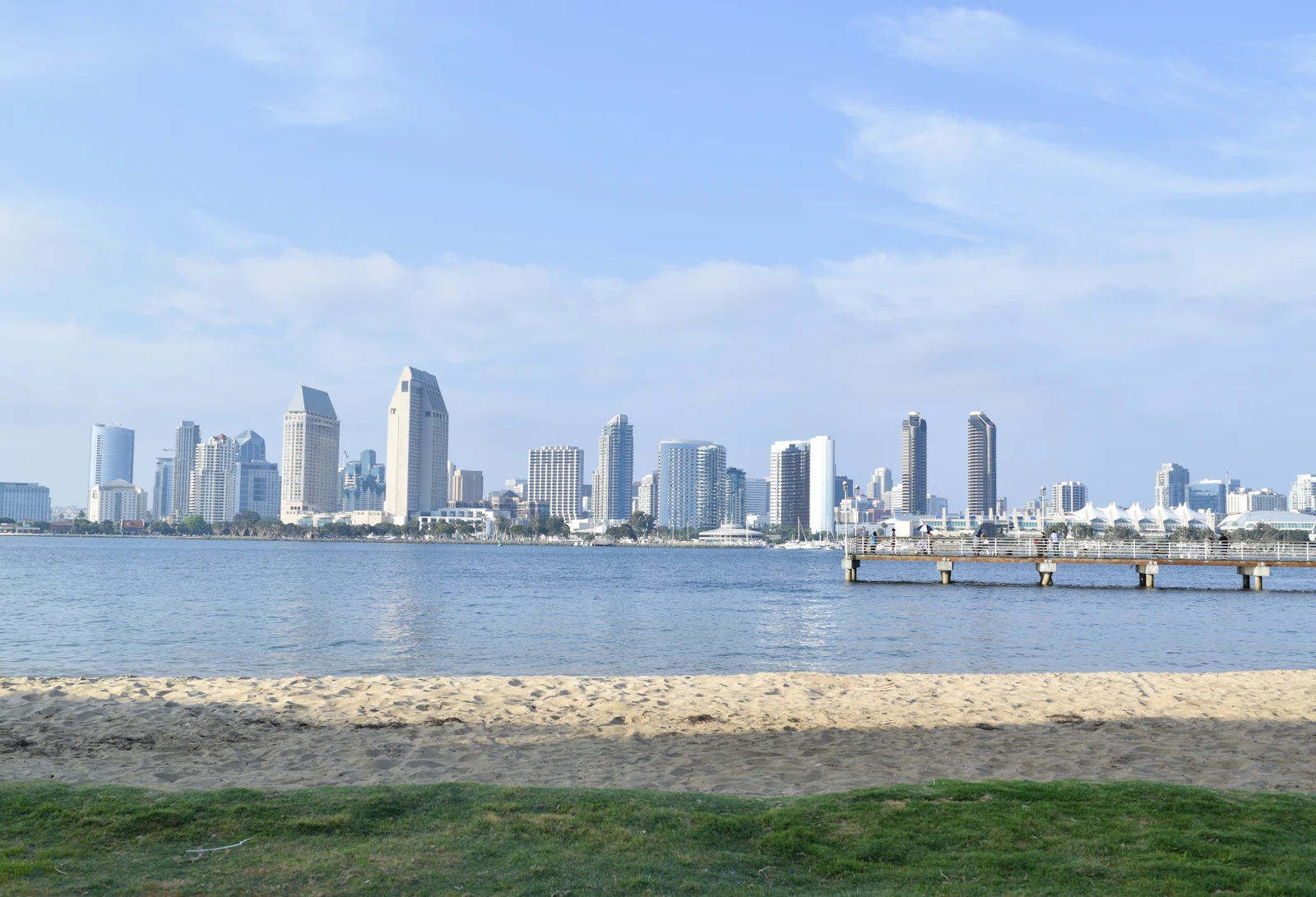 The San Diego downtown skyline seen across the bay from a sandy beach